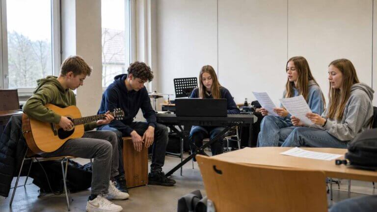 Gruppe von Schüler:innen bei einer musikalischen Aktivität in der Musik AG