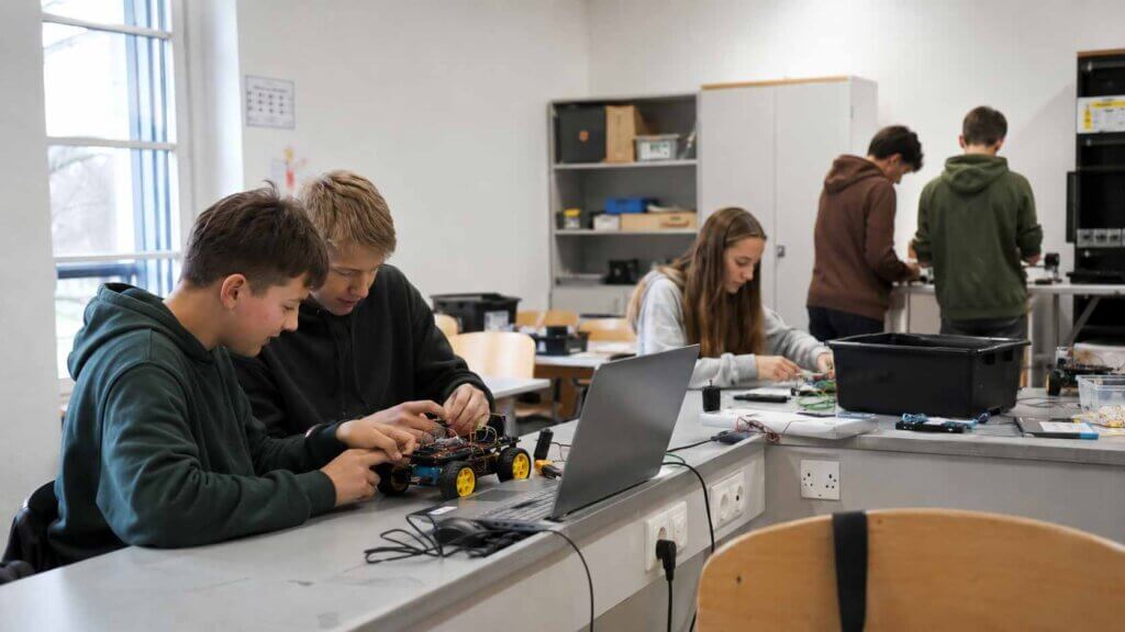 Gruppe von Schüler:innen bei der Arbeit mit Robotik-Bausätzen und elektronischen Komponenten
