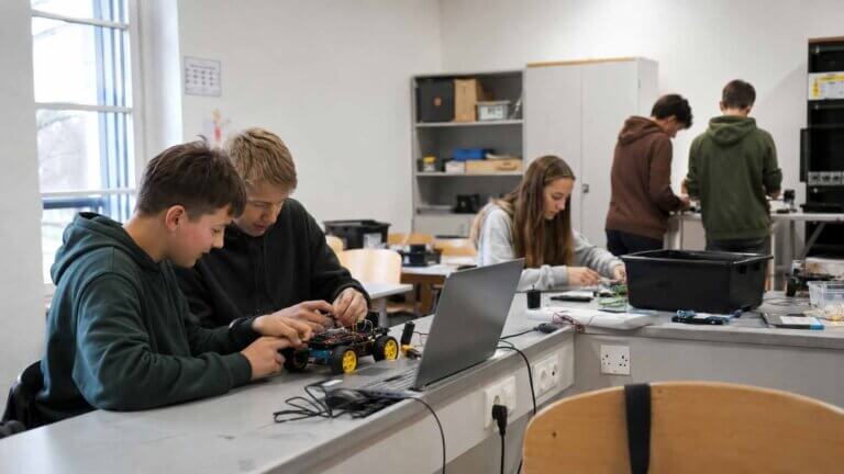 Gruppe von Schüler:innen bei der Arbeit mit Robotik-Bausätzen und elektronischen Komponenten